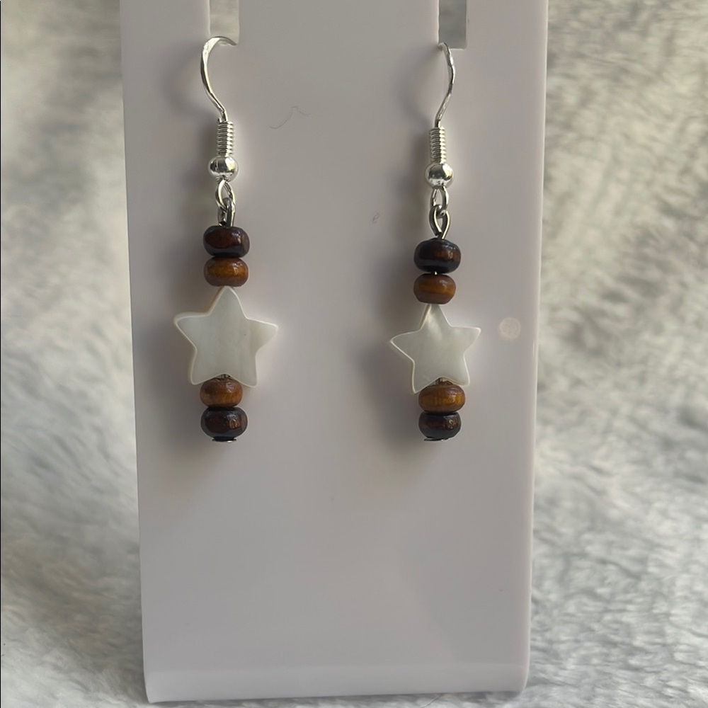 White and Brown Star Bead Earrings